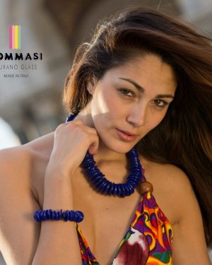 ZCOXXB Collana in Vetro di Murano con Perle Disco Blu